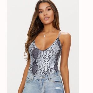 Grey Slinky Snakeskin Scoop Neck Bodysuit